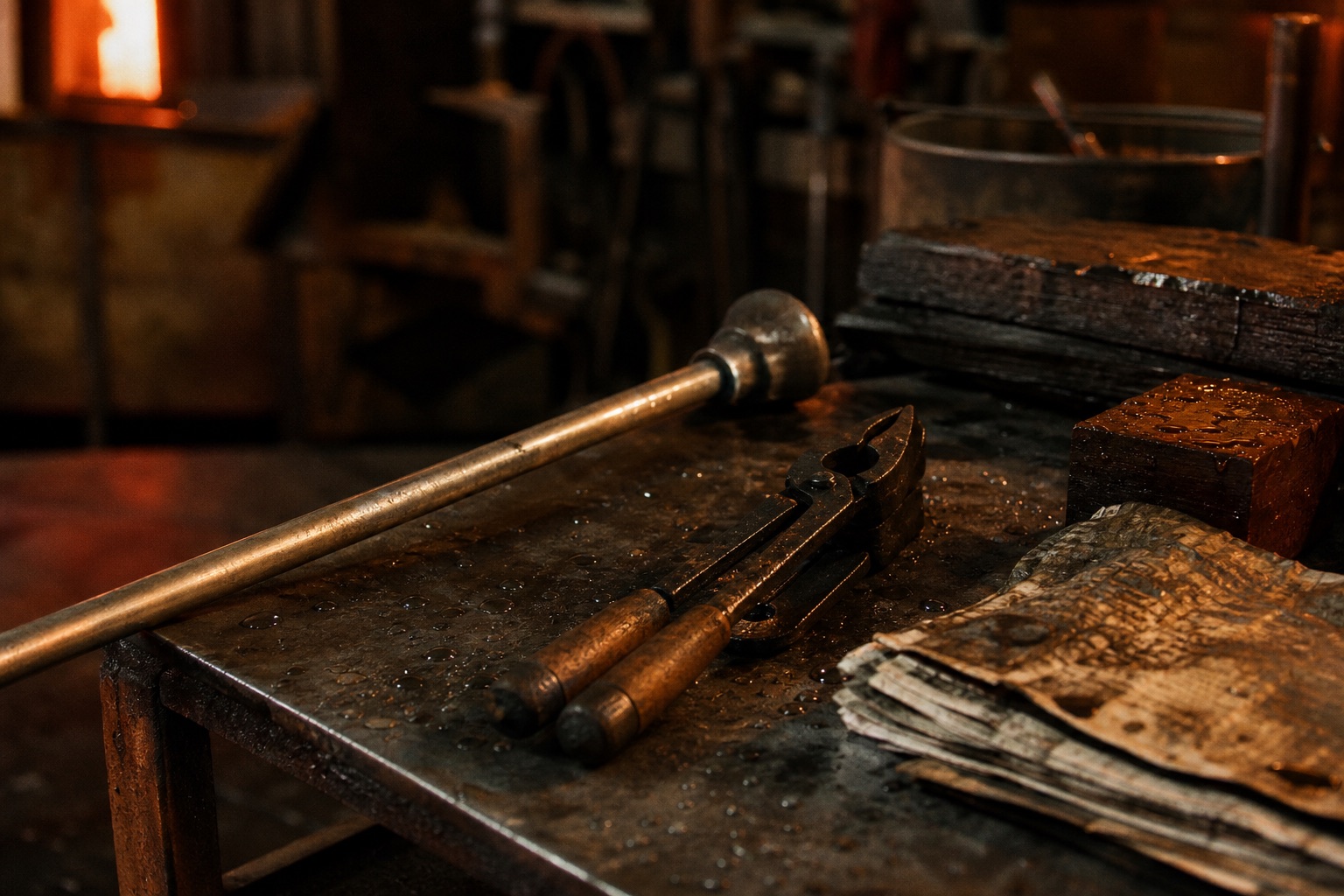 A steel punty rod and wooden-handled jacks resting on a scarred workbench, a furnace glowing out of focus behind