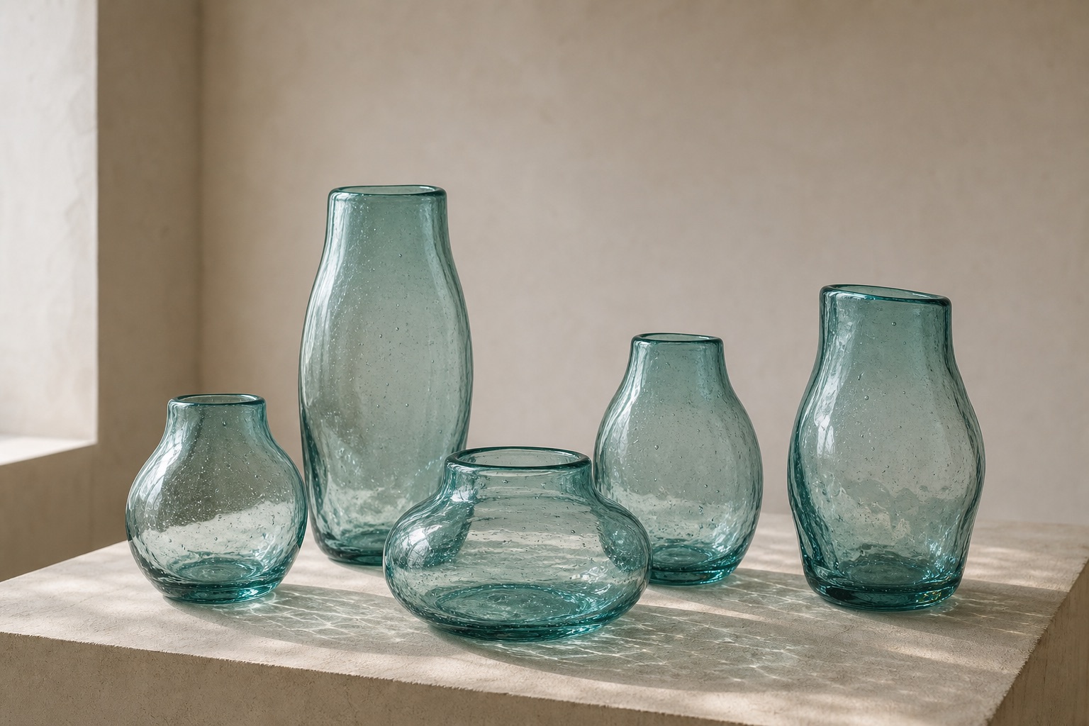 Five aquamarine blown-glass vessels of varied heights on a pale plinth in soft gallery light
